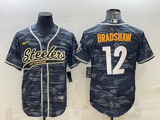 Men's Pittsburgh Steelers Terry Bradshaw #12 Gray Camouflage Game Jersey1