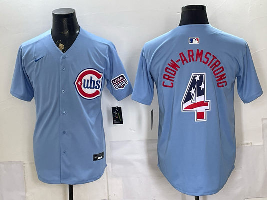 Men's Chicago Cubs Pete Crow-Armstrong #4 Light Blue USA 250 Fourth of July Home Stadium Jersey