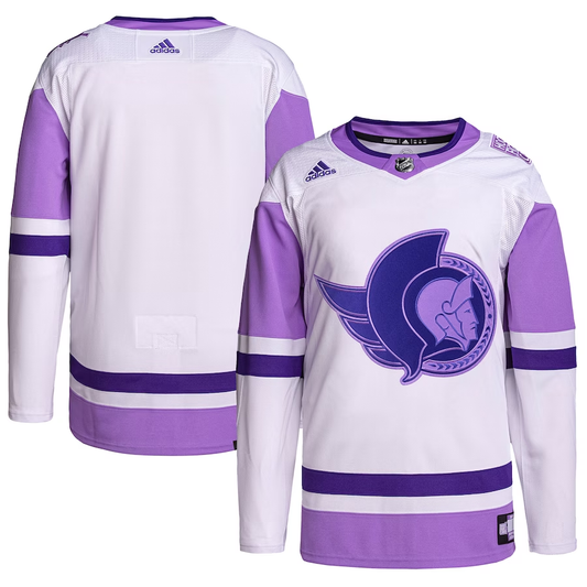 Men's Ottawa Senators White/Purple Hockey Fights Cancer Primegreen Authentic Blank Practice Blank Jersey1