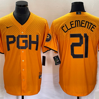 Men's Pittsburgh Pirates Roberto Clemente #21 Gold 2023 City Connect Replica Player Jersey1