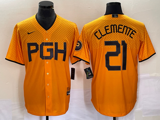Men's Pittsburgh Pirates Roberto Clemente #21 Gold 2023 City Connect Replica Player Jersey1