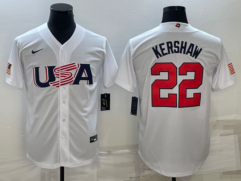Men's 2023 World Baseball Classic #22 Clayton Kershaw USA White Jersey1