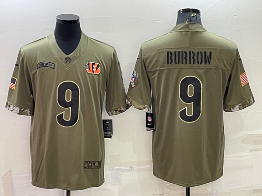 Men's Cincinnati Bengals Joe Burrow #9 Olive 2022 Salute To Service Limited Jersey1