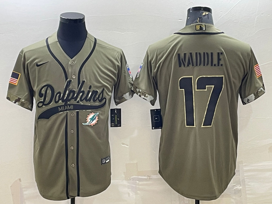Men's Miami Dolphins Jaylen Waddle #17 Olive 2022 Salute To Service Limited Jersey1 Joint Edition