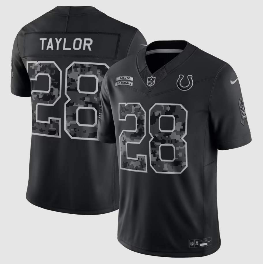 Men's Indianapolis Colts Jonathan Taylor #28 Black 2026 Salute to Service Stitched Limited Jersey