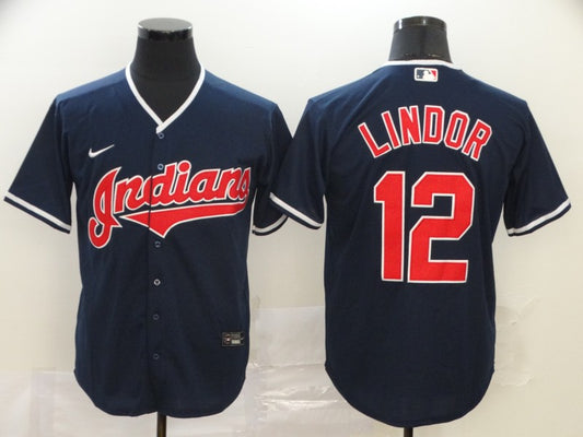 Men's Cleveland Guardians Francisco Lindor #12 Navy Replica Baseball Jersey1