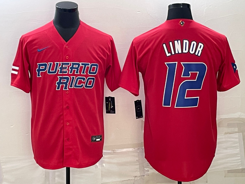 Men's 2023 World Baseball Classic #12 Francisco Lindor Puerto Rico Red Jersey1