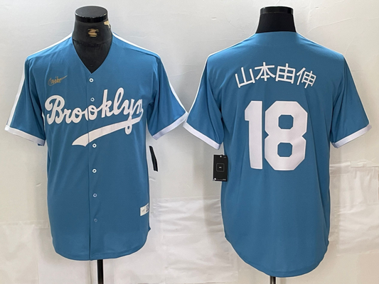 Men's Los Angeles Dodgers Yoshinobu Yamamoto #18 Light Blue Cooperstown Collection Player Jersey1