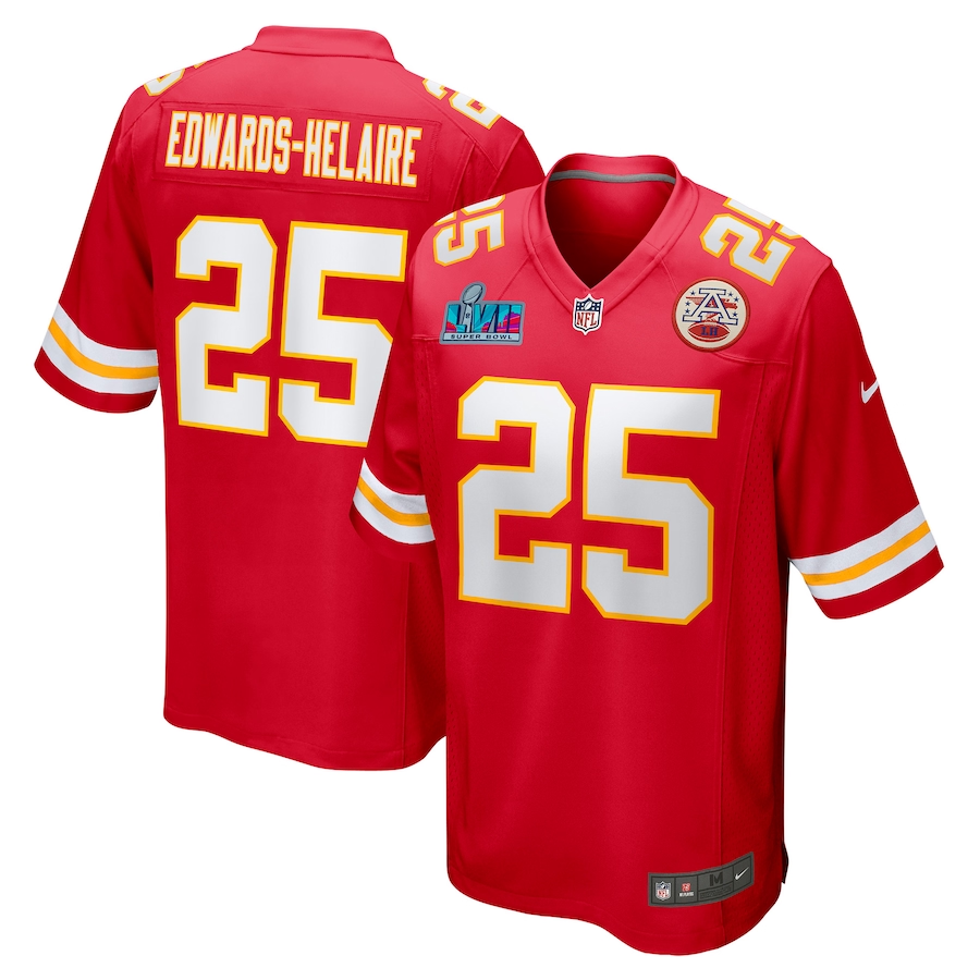 Men's Kansas City Chiefs Clyde Edwards-Helaire #25 Red Super Bowl LVII Patch Game Jersey1