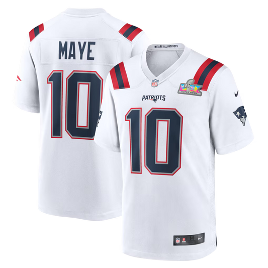 Men's New England Patriots Drake Maye #10 White Super Bowl LX Patch Game Jersey