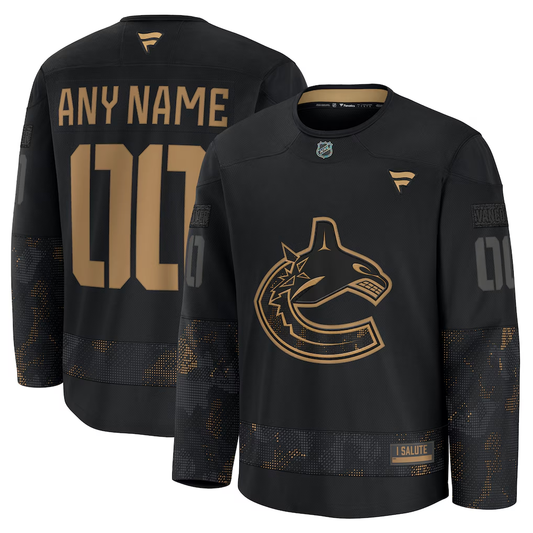 Men's Vancouver Canucks Fanatics Black 2024 Military Appreciation Practice Custom Jersey