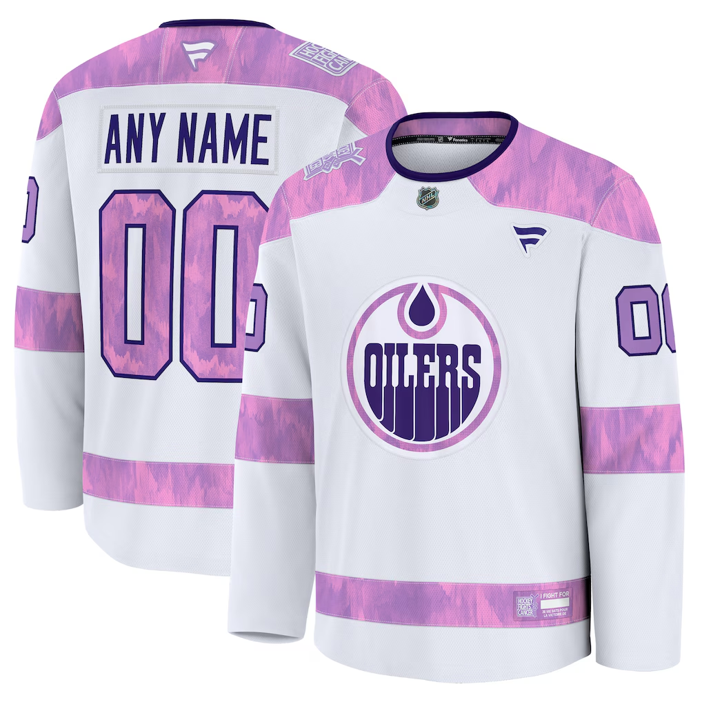 Men's Edmonton Oilers Fanatics White Purple 2024 Hockey Fights Cancer Practice Custom Jersey
