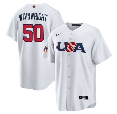 Men's 2023 World Baseball Classic #50 Adam Wainwright USA White Jersey1
