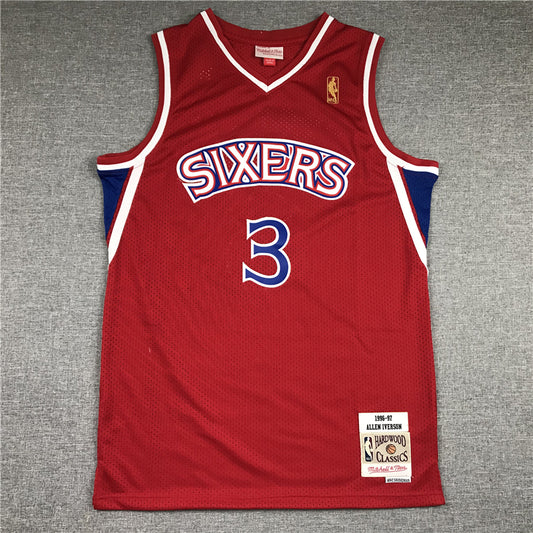 Men's Philadelphia 76ers Allen Iverson Red Hardwood Classics Authentic Jersey1