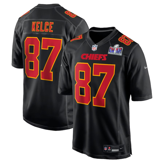 Men's Kansas City Chiefs Travis Kelce #87 Black Super Bowl LVIII Carbon Fashion Game Player Jersey1