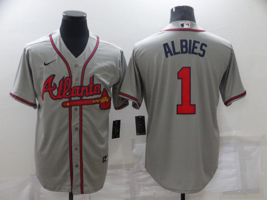 Men's Atlanta Braves Ozzie Albies #1 Gray Replica Player Jersey1