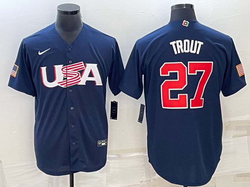 Men's 2023 World Baseball Classic #27 Mike Trout USA Navy Jersey1