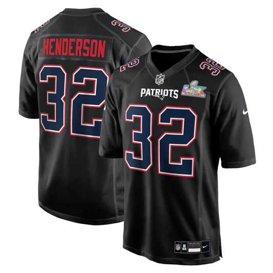 Men's New England Patriots TreVeyon Henderson #32 Black Super Bowl LX Patch Carbon Fashion Game Jersey