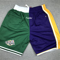 Men's Los Angeles Lakers/Boston Celtics Purple/Green Splicing Basketball Shorts1
