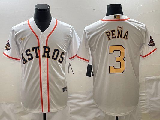 Men's Houston Astros Jeremy Pena Nike White/Gold 2023 Gold Collection Replica Player Jersey1