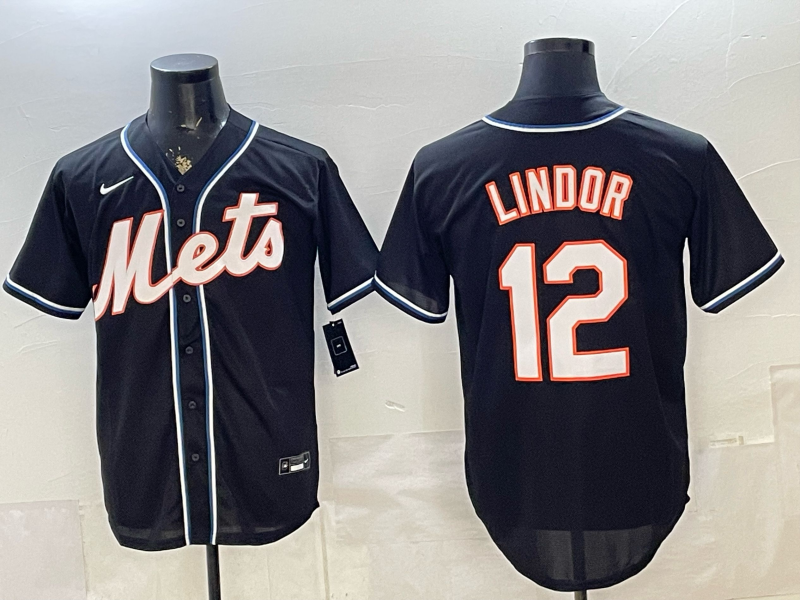 Men's New York Mets Francisco Lindor #12 Fashion Replica Black Out Jersey