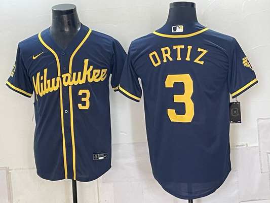 Men's Milwaukee Brewers Jackson Chourio Ortiz #3 Navy Replica Player Jersey