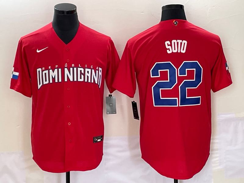 Men's 2023 World Baseball Classic #22 Juan Soto Dominican Republic Red Jersey1