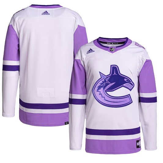 Men's Vancouver Canucks White/Purple Hockey Fights Cancer Primegreen Authentic Blank Practice Jersey1