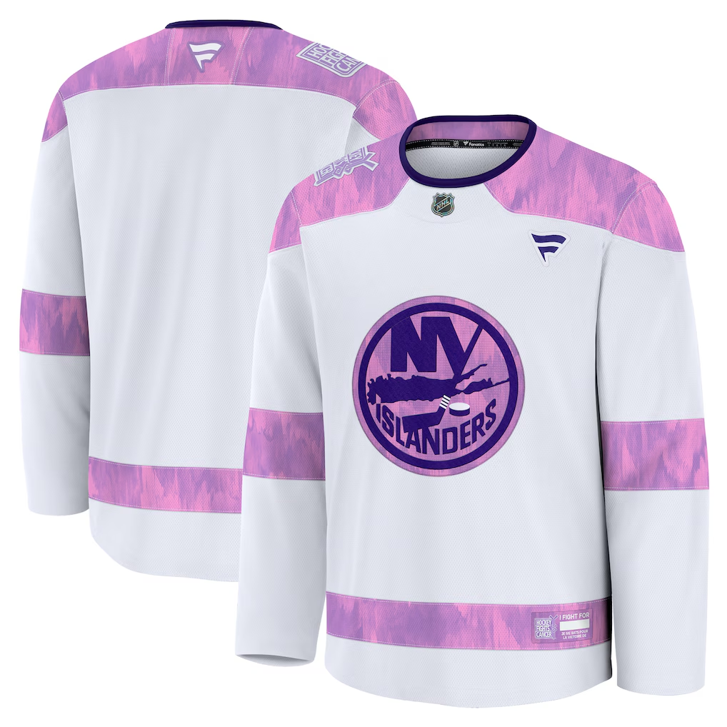 Men's New York Islanders Fanatics White Purple 2024 Hockey Fights Cancer Practice Blank Jersey