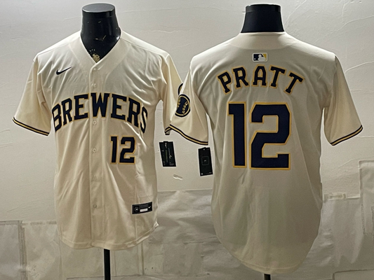 Men's Milwaukee Brewers Garrett Pratt #12 Cream Replica Player Jersey