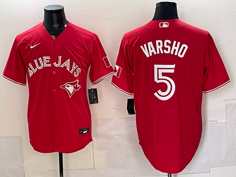 Men's Toronto Blue Jays Daulton Varsho #5 Red Canada Day Replica Jersey