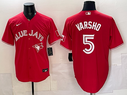 Men's Toronto Blue Jays Daulton Varsho #5 Red Canada Day Replica Jersey