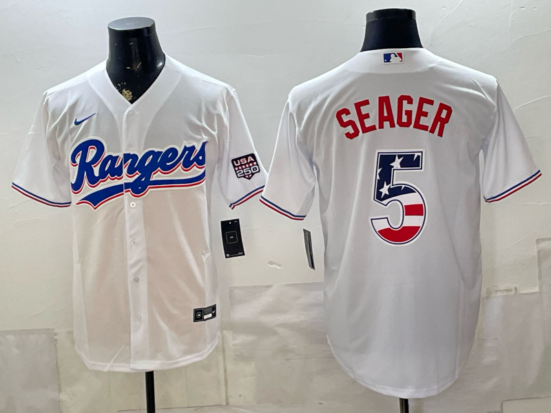 Men's Texas Rangers Corey Seager #5 White USA 250 Fourth of July Home Stadium Jersey