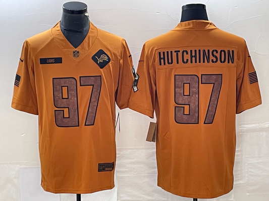 Men's Detroit Lions Aidan Hutchinson #97 Brown 2023 Salute To Service Retired Player Limited Jersey1