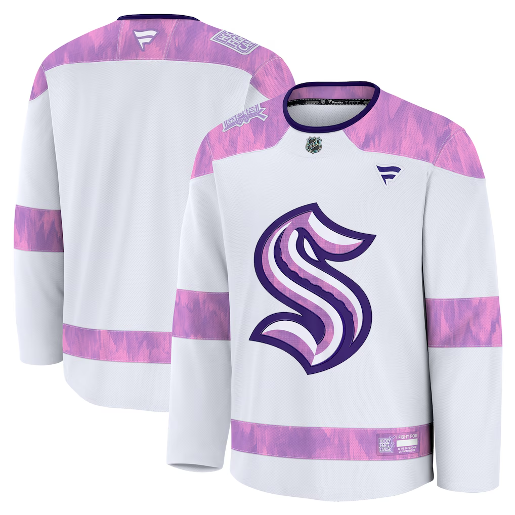 Men's Seattle Kraken Fanatics White Purple 2024 Hockey Fights Cancer Practice Blank Jersey