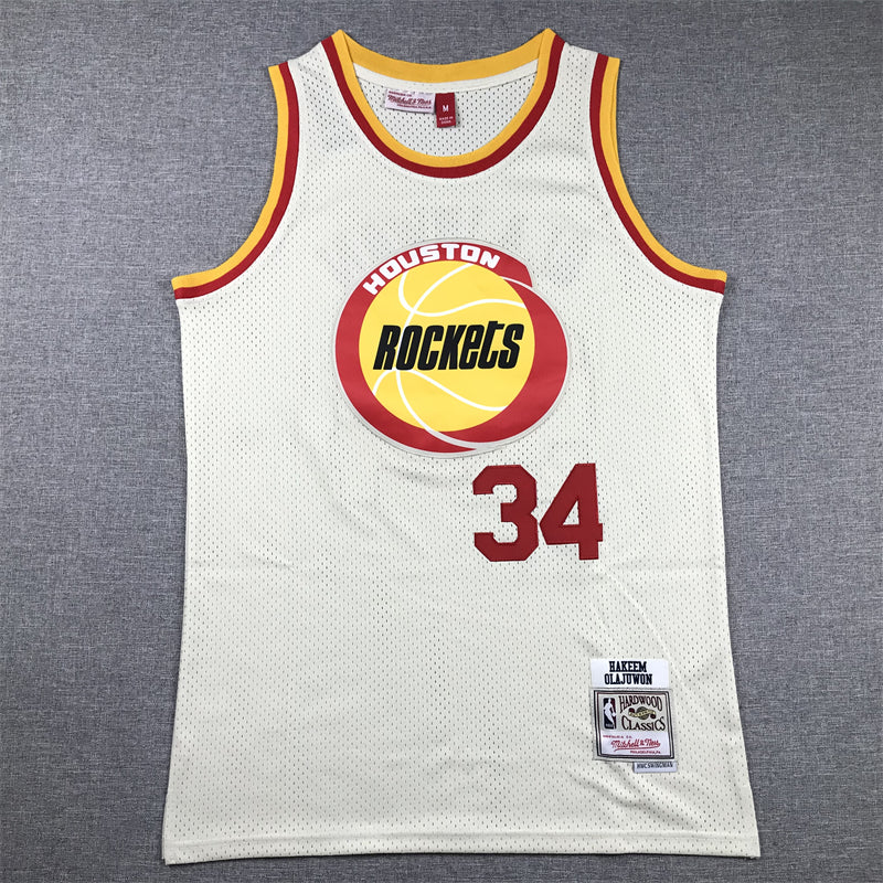 Men's Houston Rockets Hakeem Olajuwon #34 Cream Chainstitch Swingman Jersey1