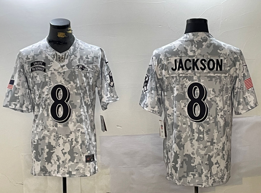 Men's Baltimore Ravens Lamar Jackson #8 Arctic Camo 2024 Salute to Service Limited Jersey1