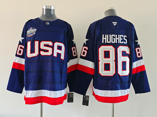 Men's United States 2025 4 Nations Face-Off Jack Hughes #86 Navy Breakaway Jersey
