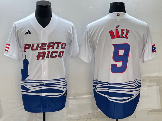 Men's 2023 World Baseball Classic #9 Javier Baez Puerto Rico White Jersey1