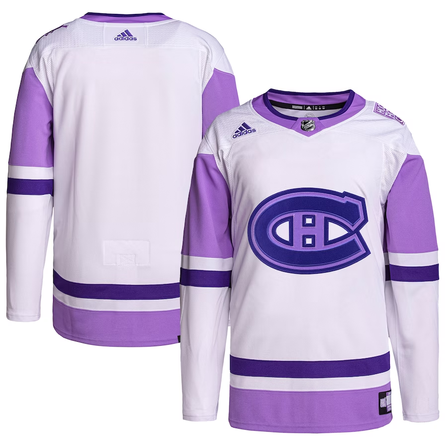 Men's Montreal Canadiens White/Purple Hockey Fights Cancer Primegreen Authentic Blank Practice Jersey1
