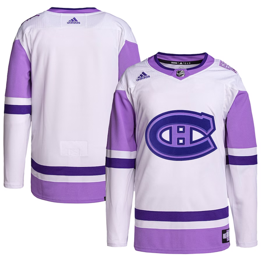 Men's Montreal Canadiens White/Purple Hockey Fights Cancer Primegreen Authentic Blank Practice Jersey1