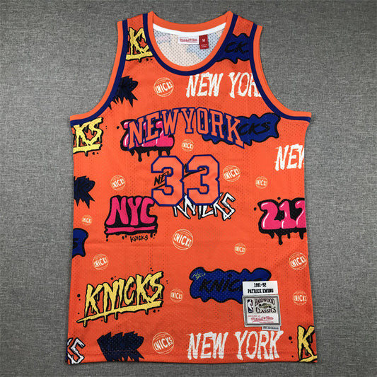 Men's New York Knicks Patrick Ewing #33 Orange Swingman Graffiti Edition Jersey1
