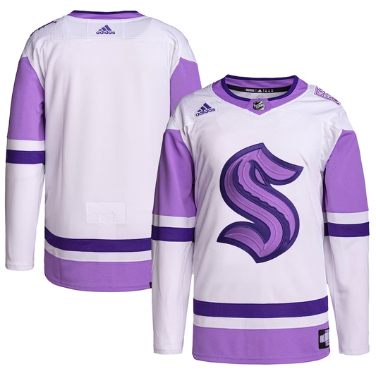 Men's Seattle Kraken White/Purple Hockey Fights Cancer Primegreen Authentic Blank Practice Jersey1