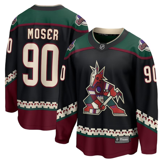 Men's Arizona Coyotes J.J. Moser #90 Black Home Breakaway Jersey1