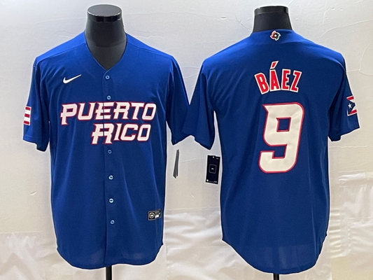 Men's 2023 World Baseball Classic #9 Javier Baez Puerto Rico Blue Jersey1