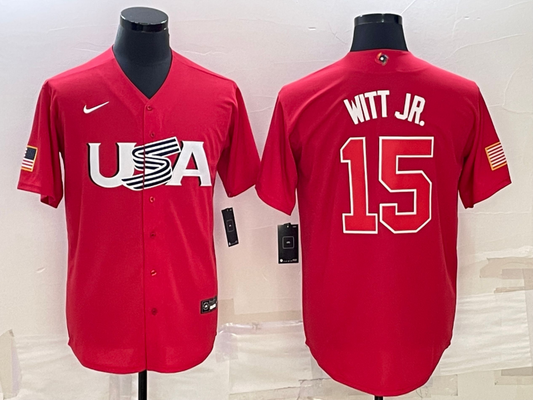 Men's 2023 World Baseball Classic #15 Bobby Witt Jr. USA Red Jersey1