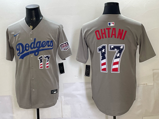 Men's Los Angeles Dodgers Shohei Ohtani #17 Gray USA 250 Fourth of July Home Stadium Jersey