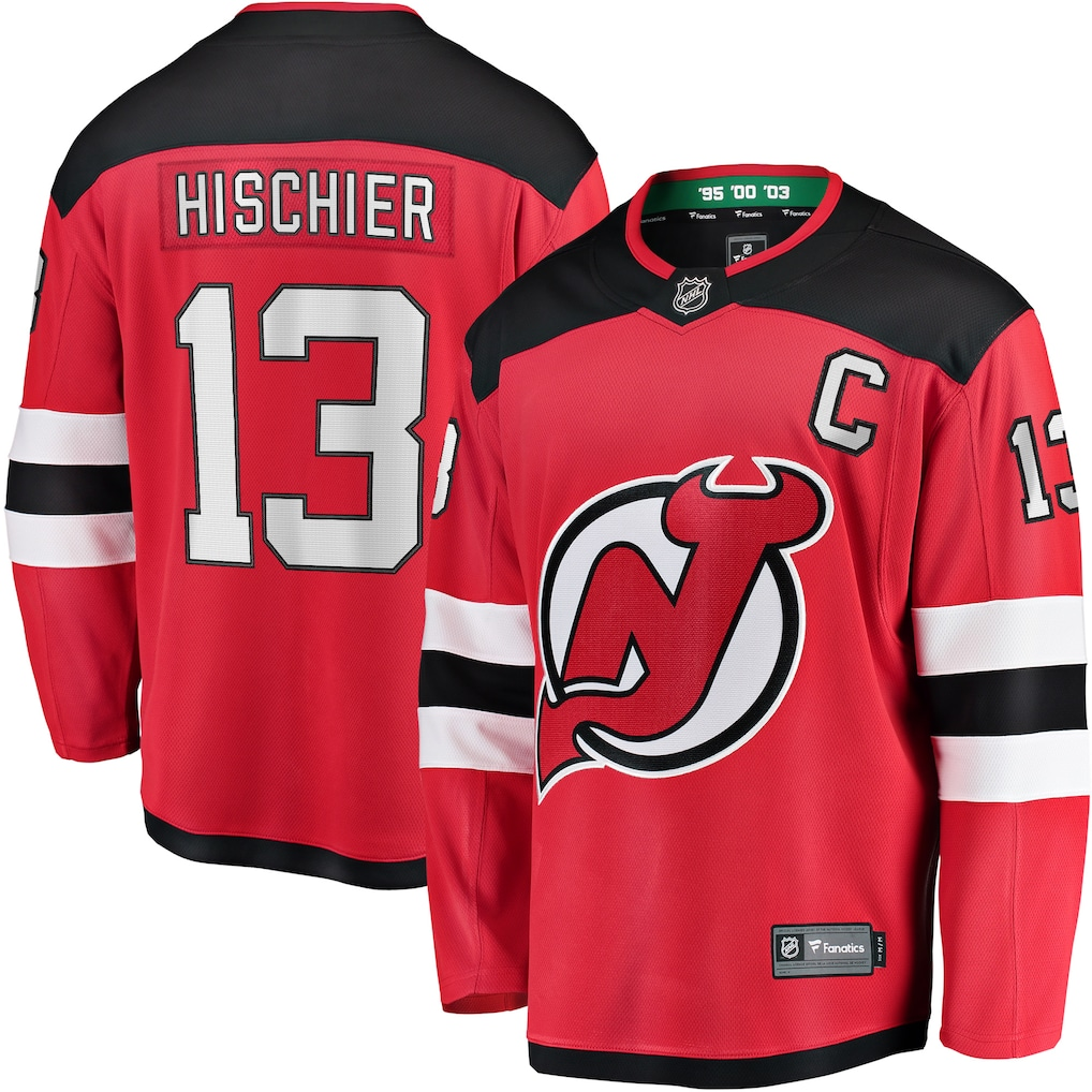 Nico Hischier #13 New Jersey Devils Red Captain Patch Home Breakaway Jersey - JerseysFreak