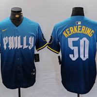 Men's Philadelphia Phillies Orion Kerkering #50 Blue 2024 City Connect Limited Player Jersey1