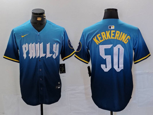 Men's Philadelphia Phillies Orion Kerkering #50 Blue 2024 City Connect Limited Player Jersey1